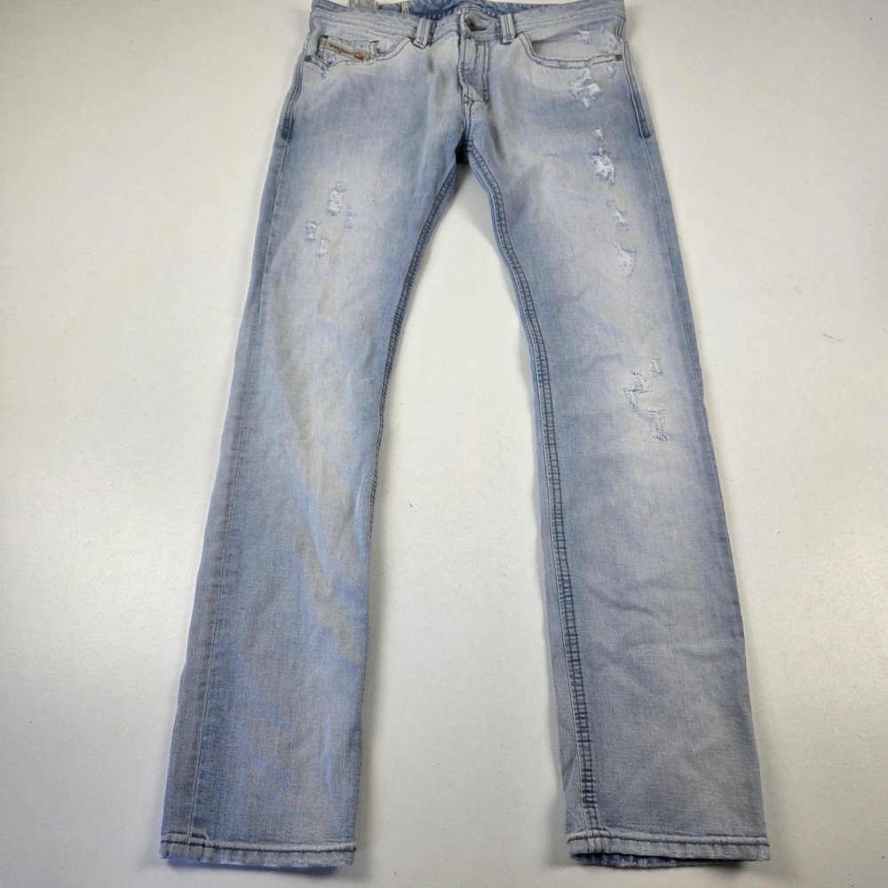 Diesel Thavar Jeans Mens 32x32 Blue Light Wash Tapered Distressed Made Italy